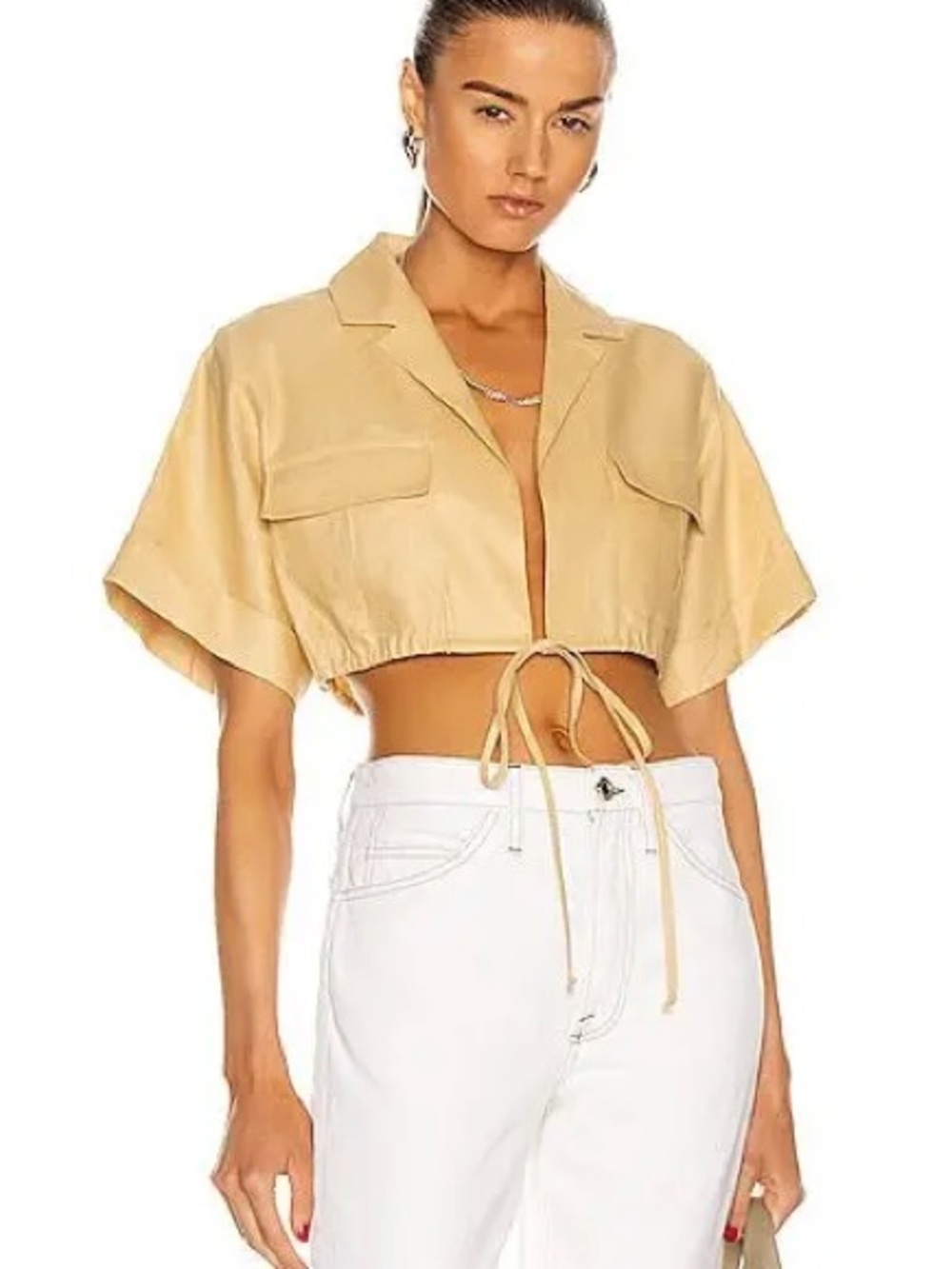 Cropped Tie-Front Safari Shirt in Tan